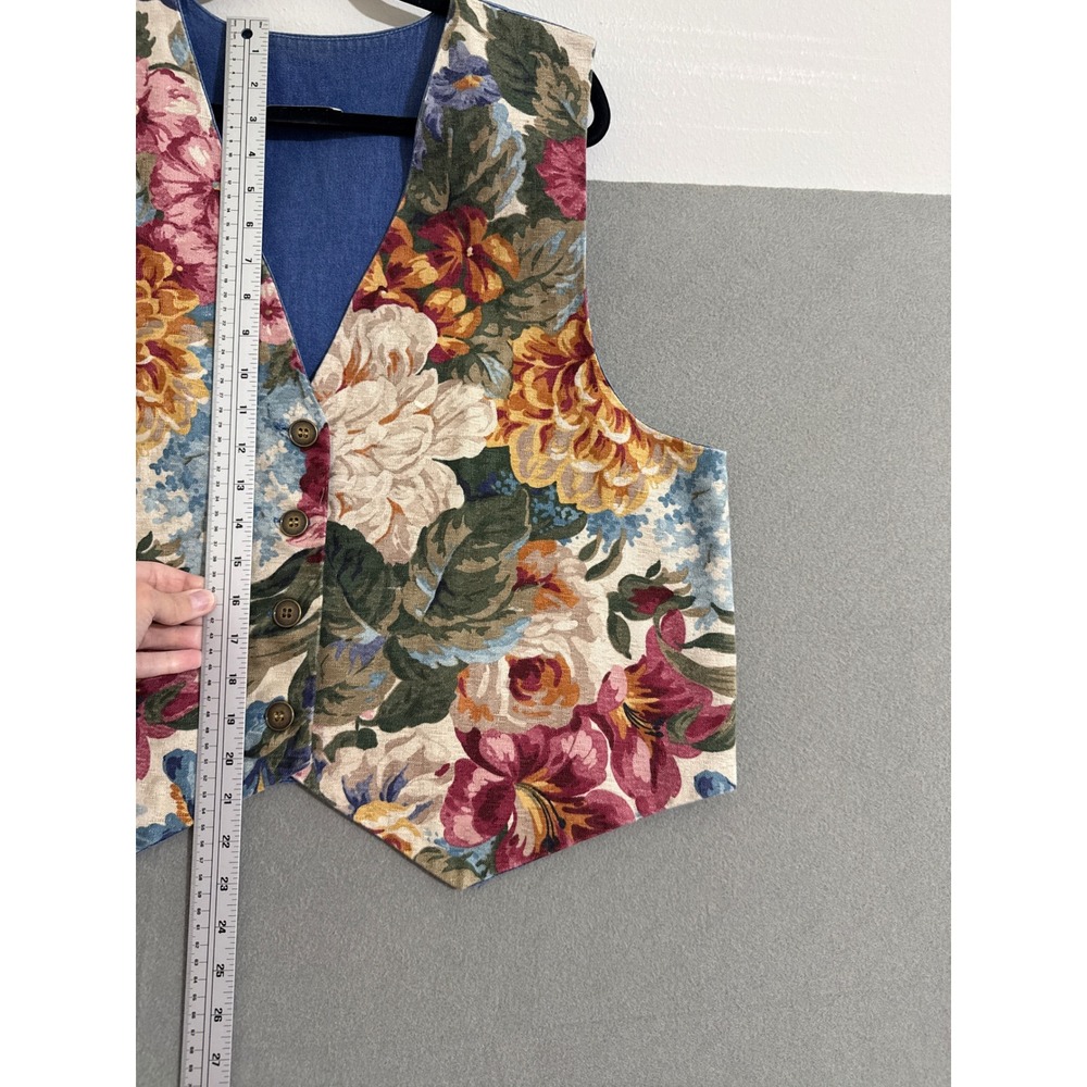 Vintage Floral Tapestry Vest Blue Denim Back Button Front Boho Cottagecore Women - Picture 3 of 14